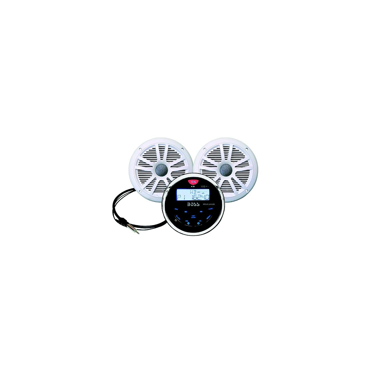 Boss Audio Systems Boss Audio MCKGB350W6 Bluetooth® Black In-Dash Gauge Receiver Package w/ 6-1/2" White Marine Speakers 153-MCKGB350W6