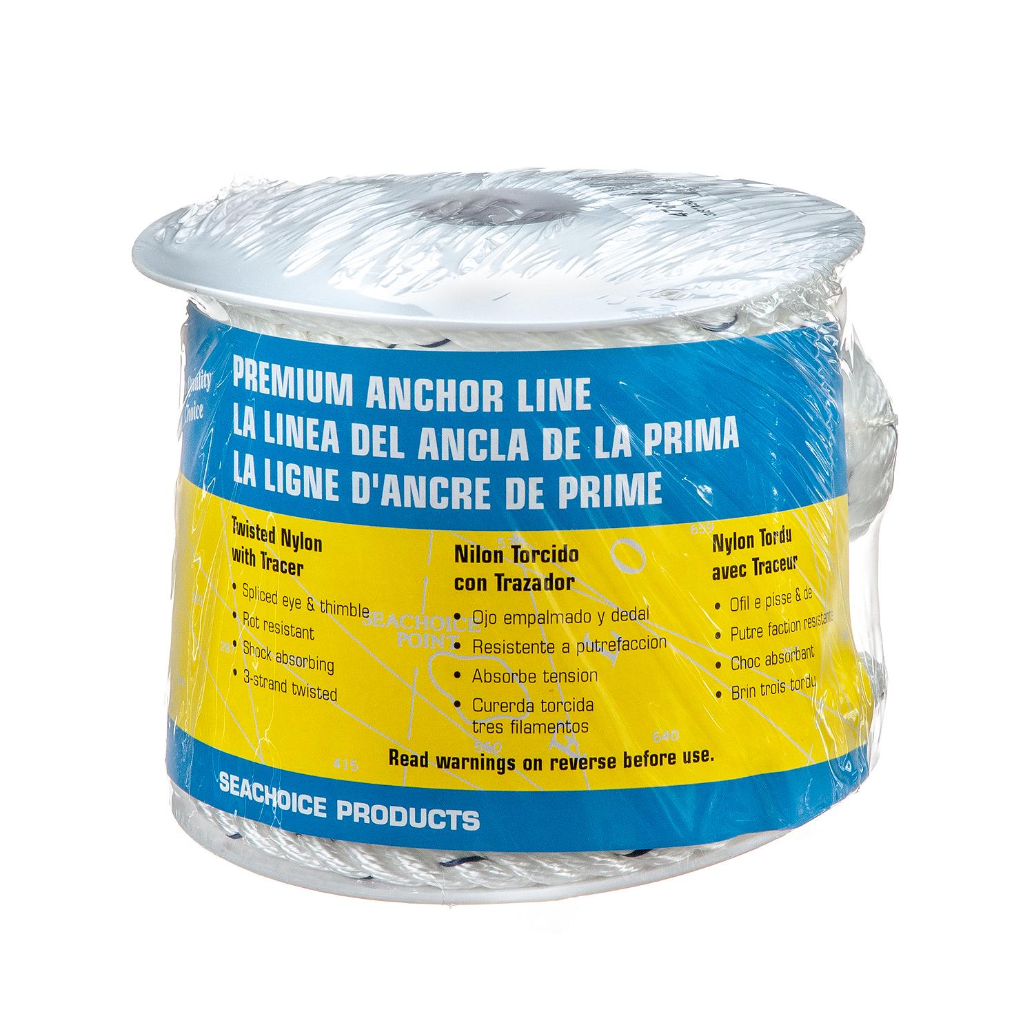 Seachoice Premium 3-Strand Twisted Nylon Anchor Line White With Blue Tracer, 3/8" x 50' 50-47691